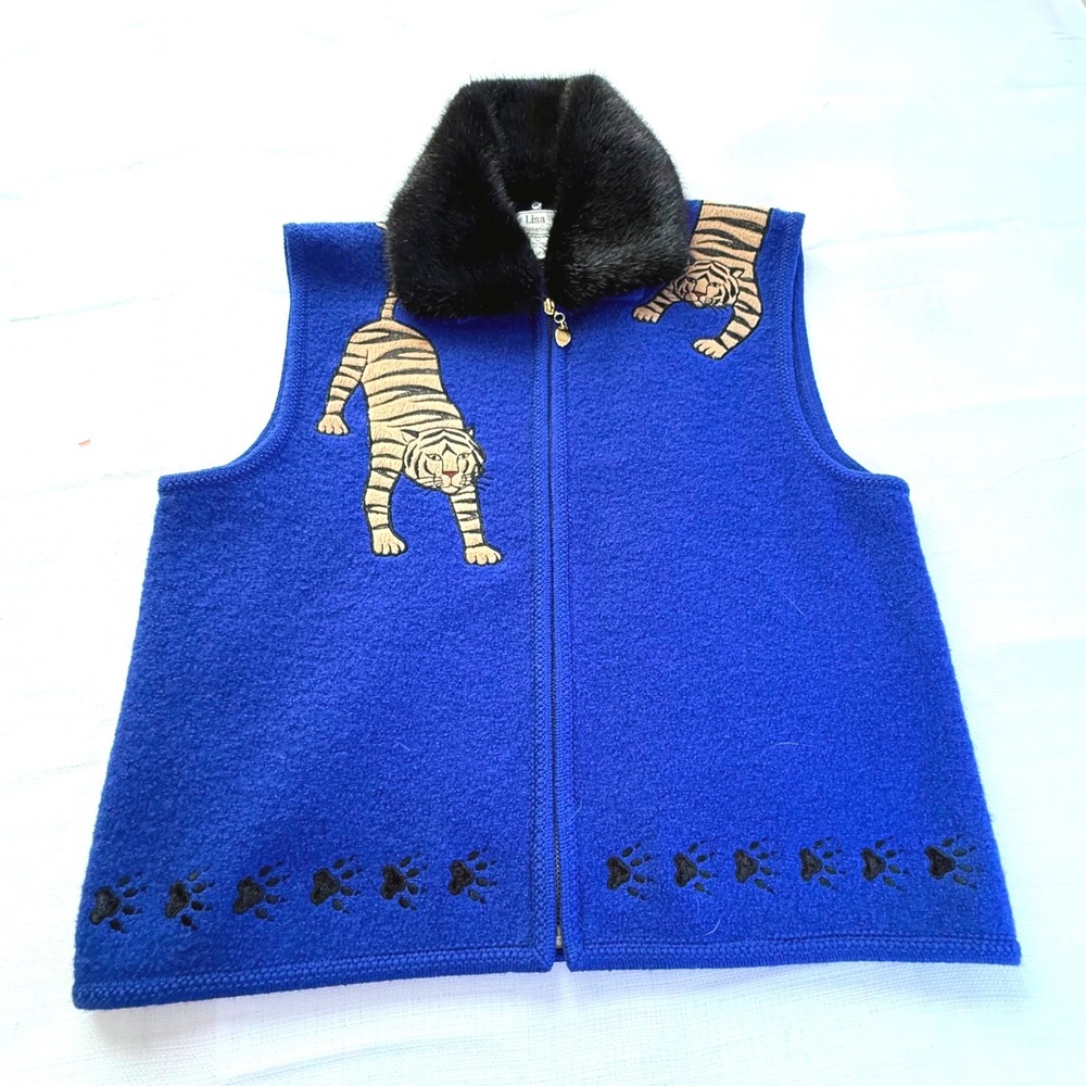 Vintage 90s Lisa International Tiger Boiled Wool Vest‎ Large Blue Canada